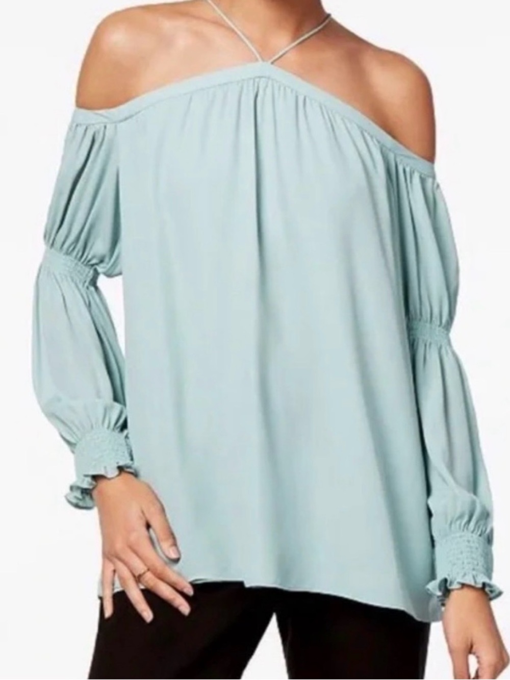 1 State Light Teal Off-Shoulder Long-Sleeve Top